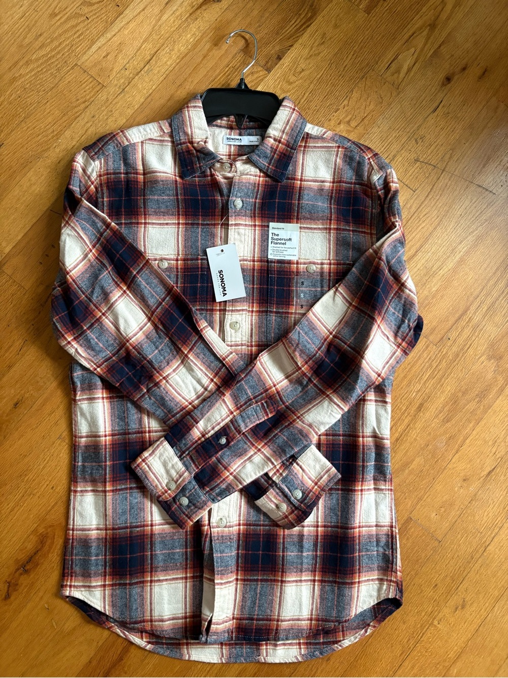 Sonoma Men's Red, Blue & Cream Plaid Long-Sleeve Button-Down Shirt